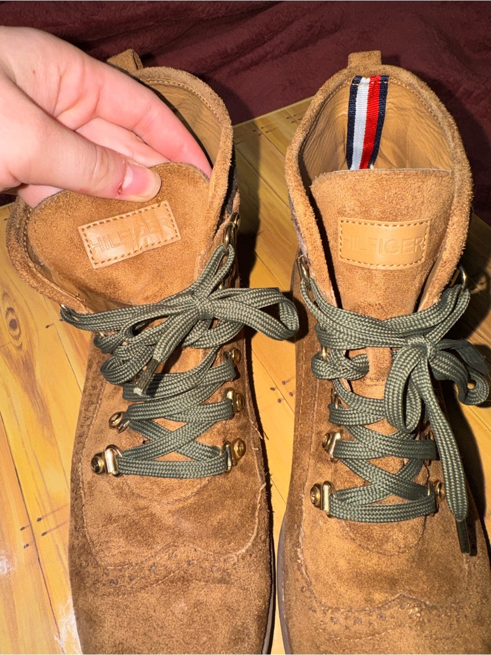 Vintage Tommy Hilfiger Tan Suede Hiking Boots - Olive Laces